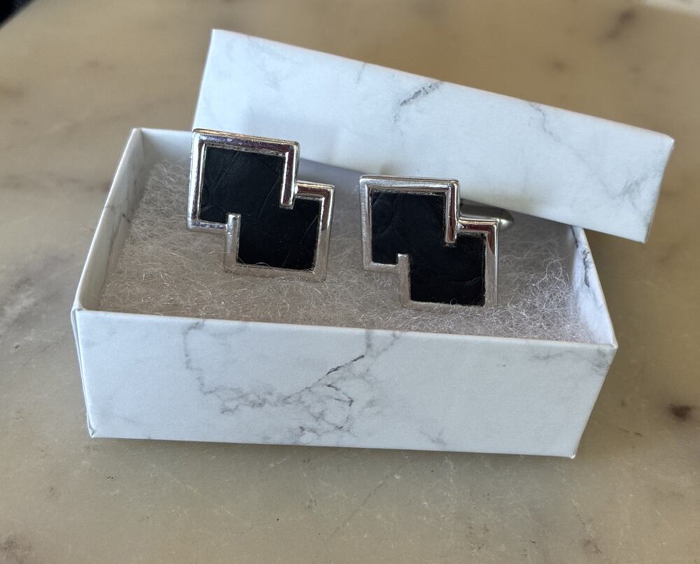 Swank Off-Set Black Geometric Squares Framed in Silver Tone Cufflinks L2